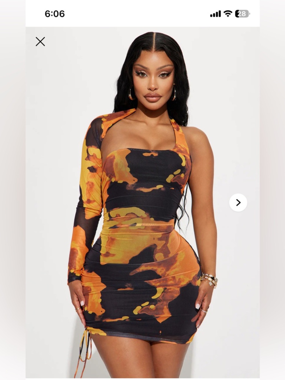 One-Shoulder Orange & Black Abstract Print Asymmetrical Mini Dress